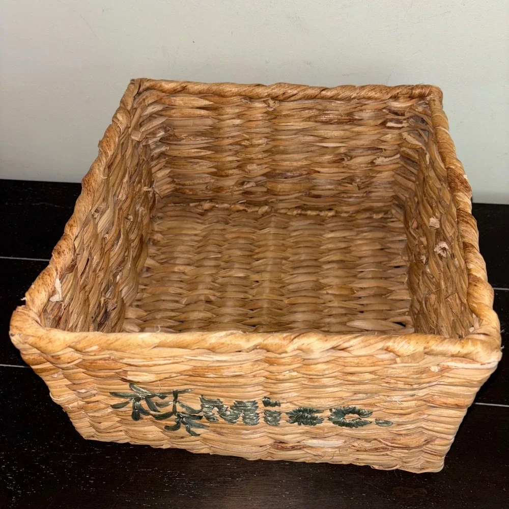 Natural‎ Woven Storage Basket | Embroidered Misc Label | Rustic Home Decor